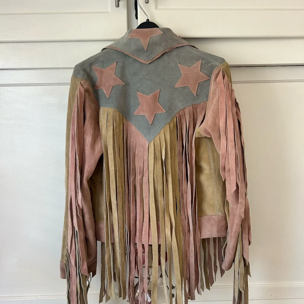 Women's Suede Fringe Jacket with Star Accents - Picture 2 of 6